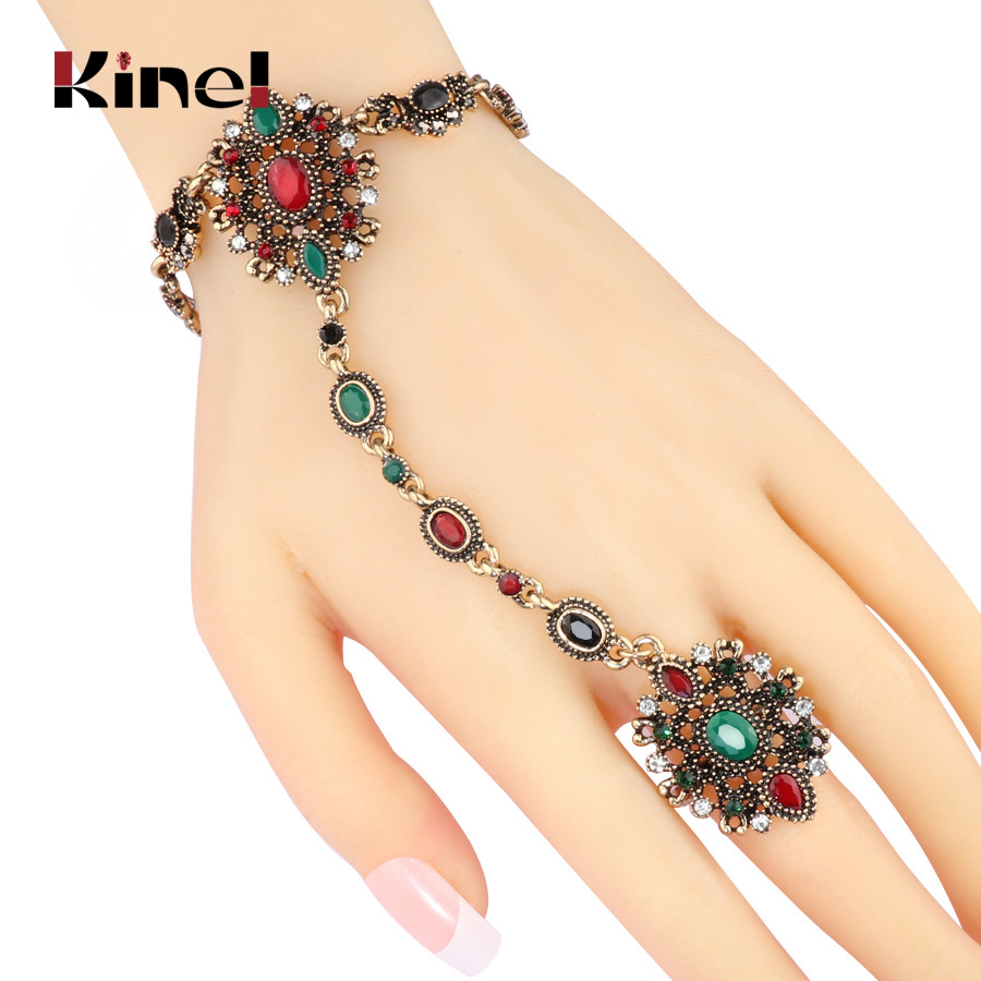 Resin Art Ring - Kinelที่ไม่ซ้ำกันสร้อยข้อมือแหวนตุรกีชุดเครื่องประดับสำหรับสตรีทองโบราณคริสตัลดอกไม้VINTAGEเครื่องประดับ 2017 ใหม่