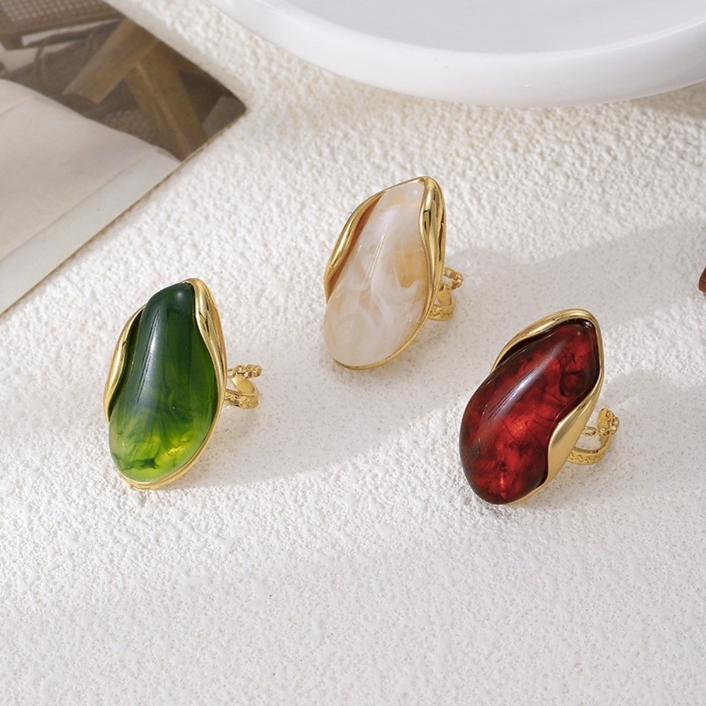 Resin Art Ring - แหวนสแตนเลสวินเทจรูปทรงเรขาคณิต ชุบทอง 18K แหวนเรซิ่นแบบเปิดนิ้ว ปรับขนาดได้ เหมาะสำหรับใส่ซ้อนกัน