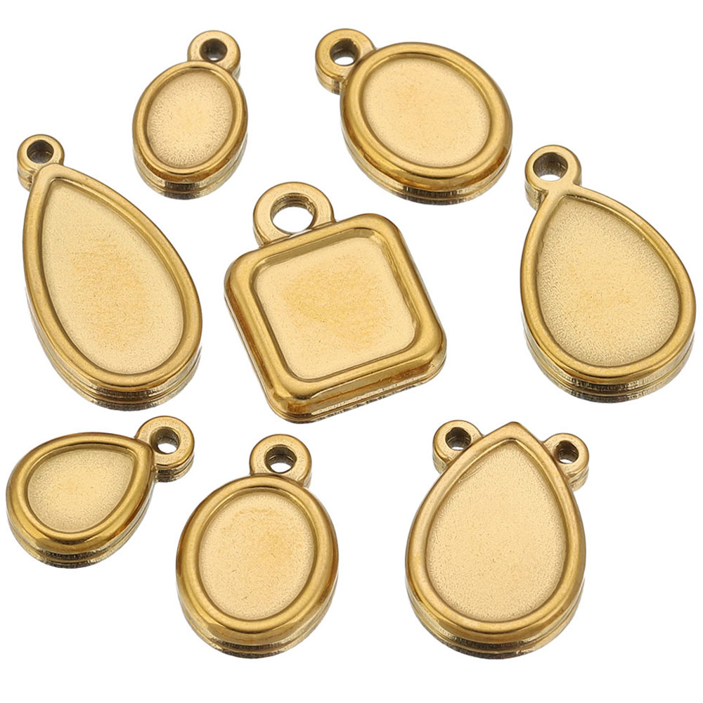 Resin Art Jewelry Kit - ถาดจี้สแตนเลสทรงสี่เหลี่ยม ทรงหยดน้ำ ทรงวงรี 5 ชิ้น สำหรับทำจี้คาโบชอง