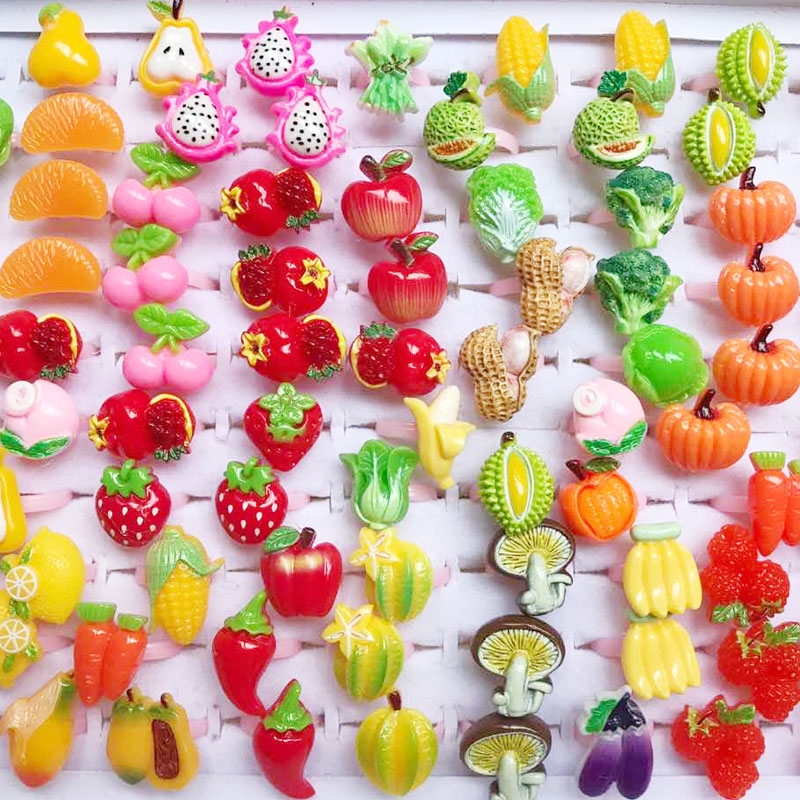 Resin Art Ring - 10 ชิ้น/ล็อตน่ารักเด็กการ์ตูนแหวน Glitter ดอกไม้ผลไม้รูปร่างพลาสติกปรับ Ope ไม่รวมกล่อง