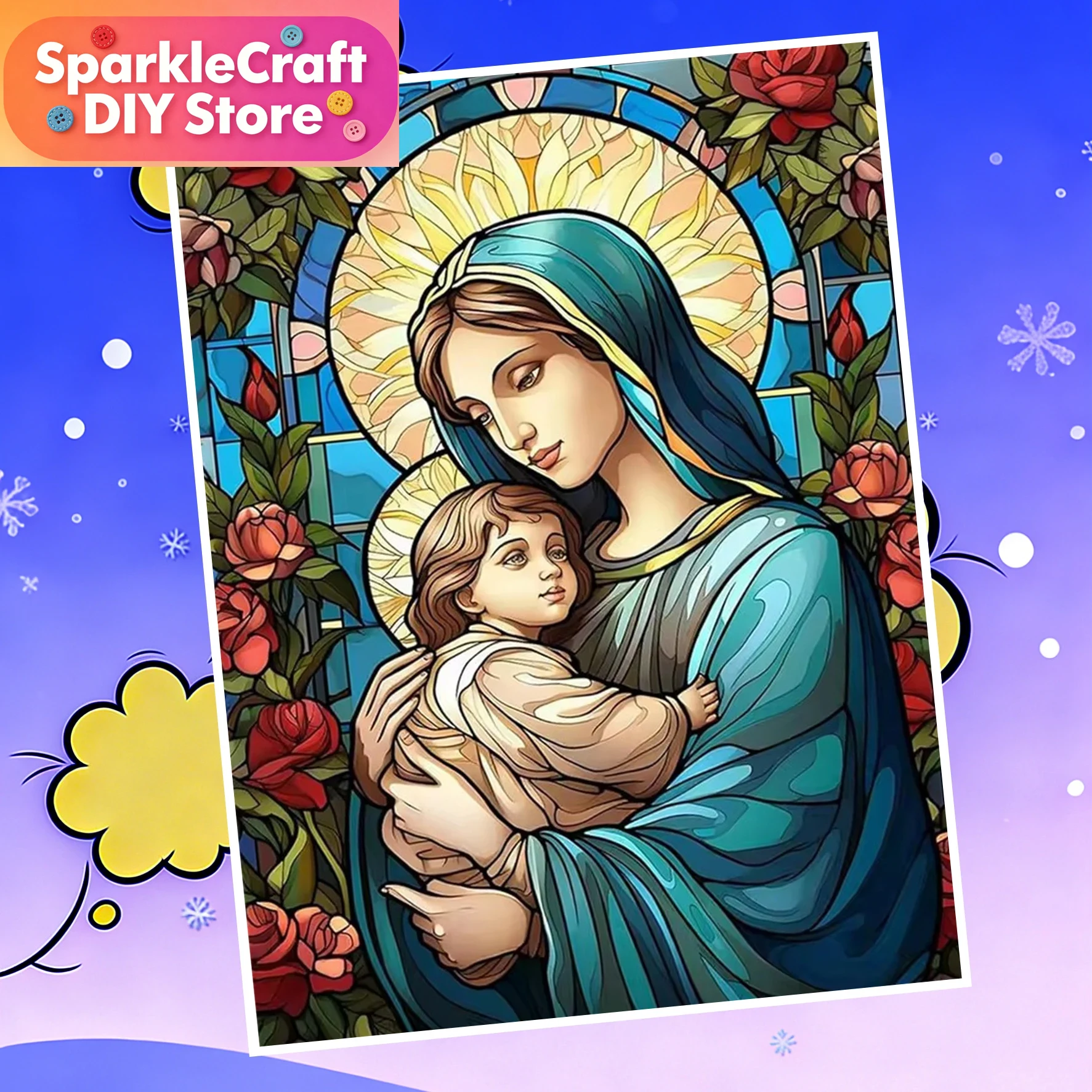 Resin Art Mary - ภาพวาดเพชรศิลปะศักดิ์สิทธิ์พระแม่มารี แบบไร้กรอบ 1 ชิ้น ภาพวาดเพชรประดับคริสตัลเต็มรูปแบบ แบบสี่เหลี่ยมและแบบวงกลม