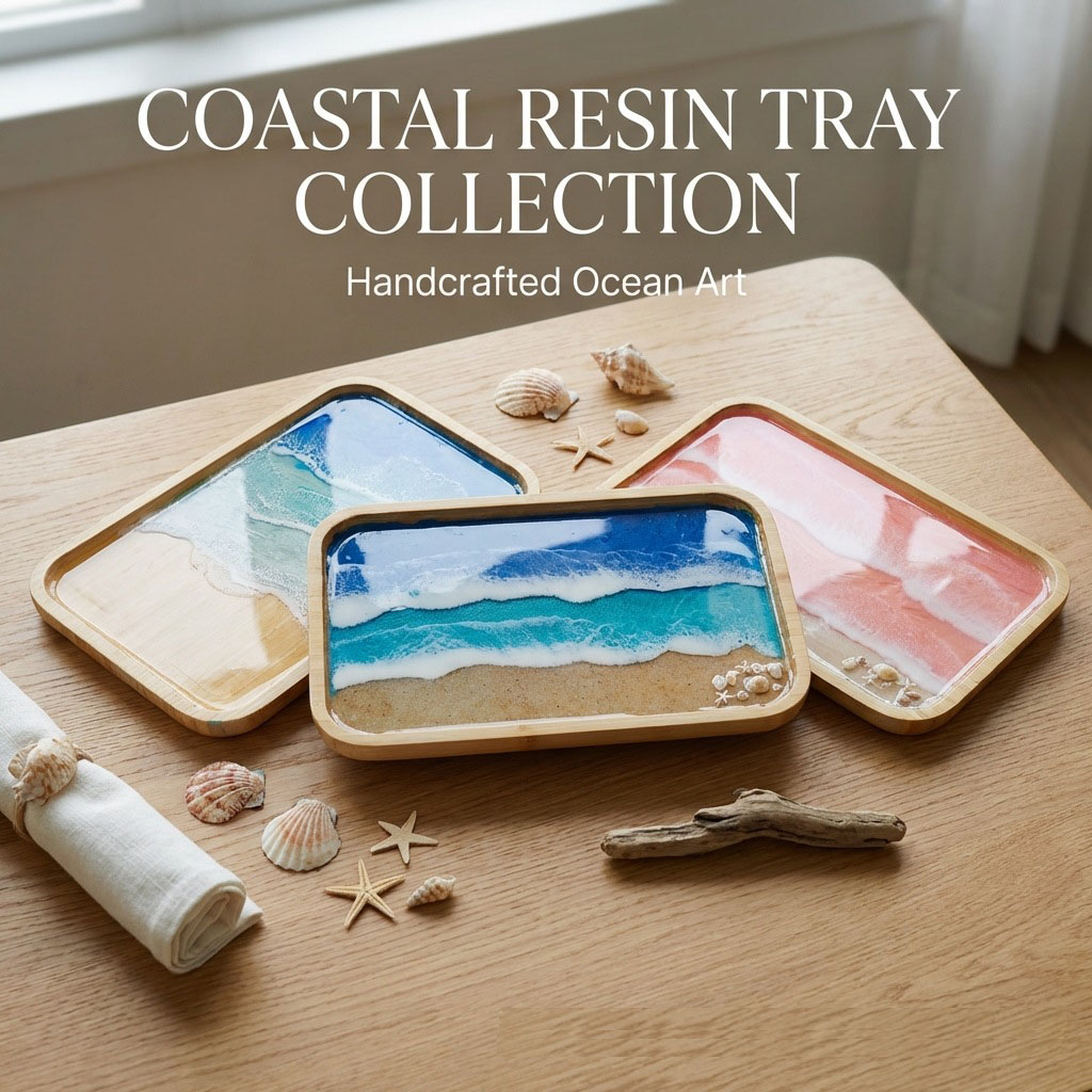 Resin Art Kitchen - ถาดตกแต่งงานศิลปะเรซิ่นอีพ็อกซี่ลายมหาสมุทร สำหรับโต๊ะกาแฟ โต๊ะอาหาร เคาน์เตอร์ ถาดไม้เสิร์ฟอาหาร ตกแต่งห้องครัว