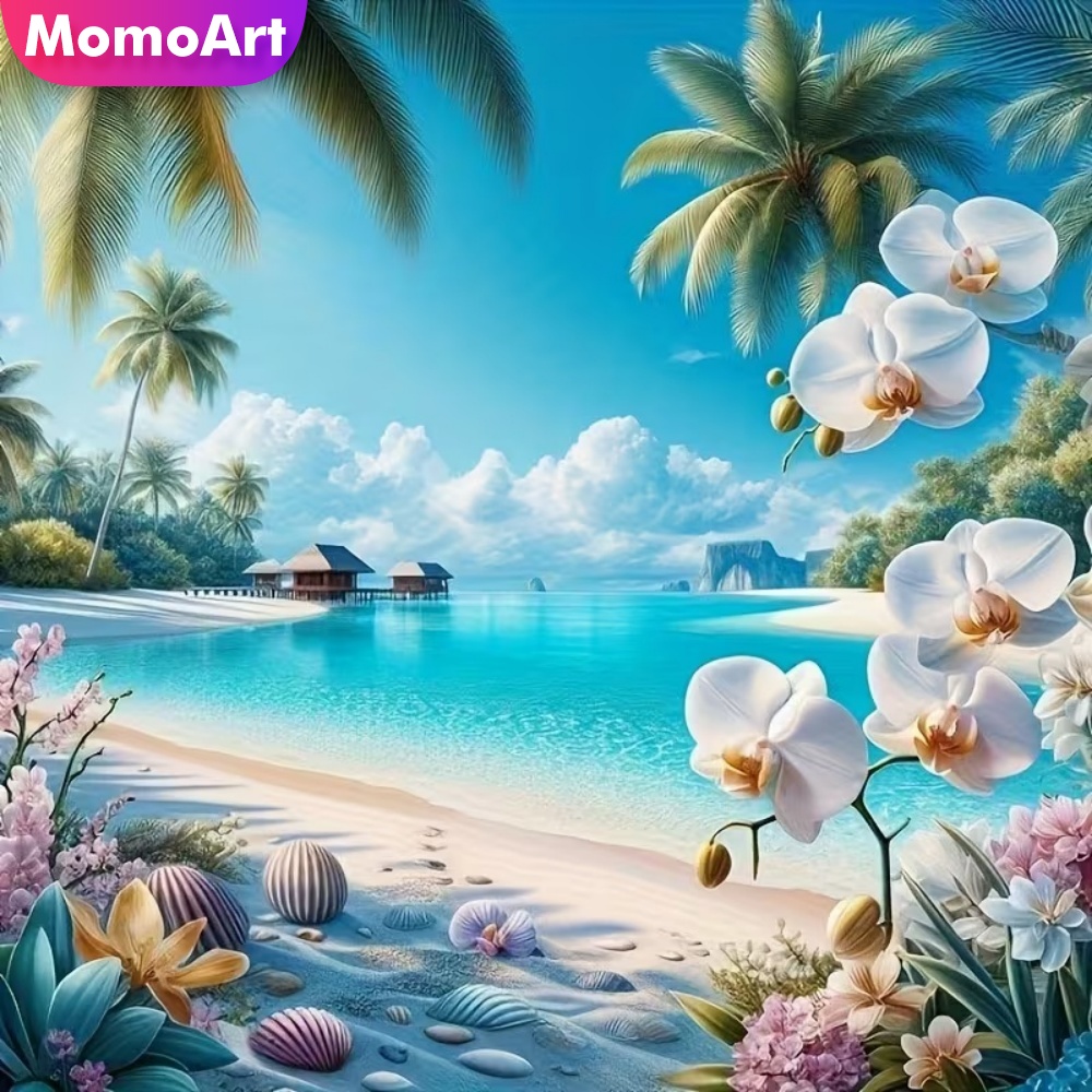 Resin Art Products - โมโมอาร์ต ชุดภาพวาดเพชรลายดอกไม้ริมทะเล งานฝีมืออะคริลิก ชุดเพชรเพ้นท์ภาพ ของขวัญทำมือ DIY