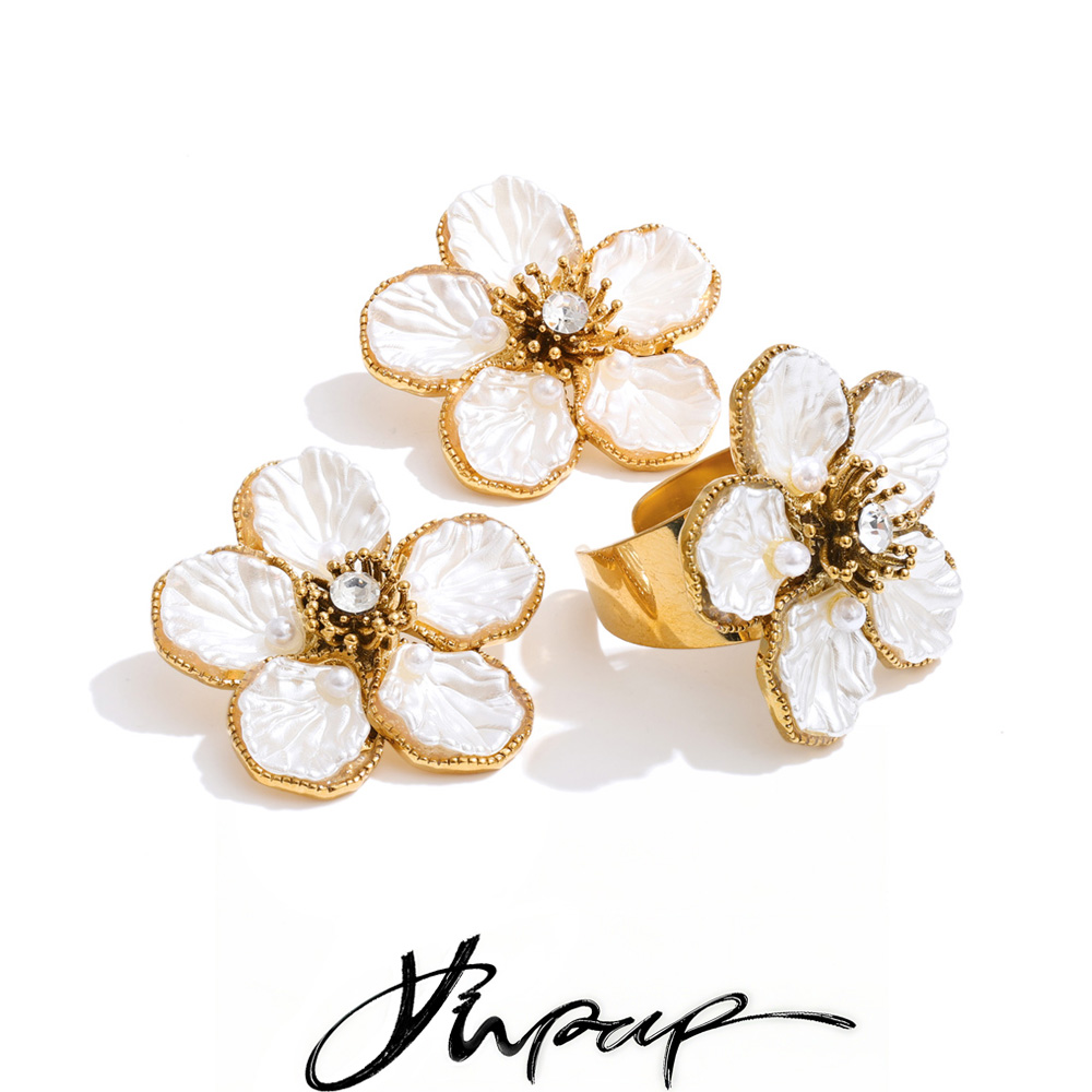 Resin Art Ring - ต่างหูและแหวนชุดเรโทรประดับมุกเรซิ่นสแตนเลสยอดนิยม ยี่ห้อ Yhpup กันน้ำ แฟชั่นทันสมัย สวยงาม