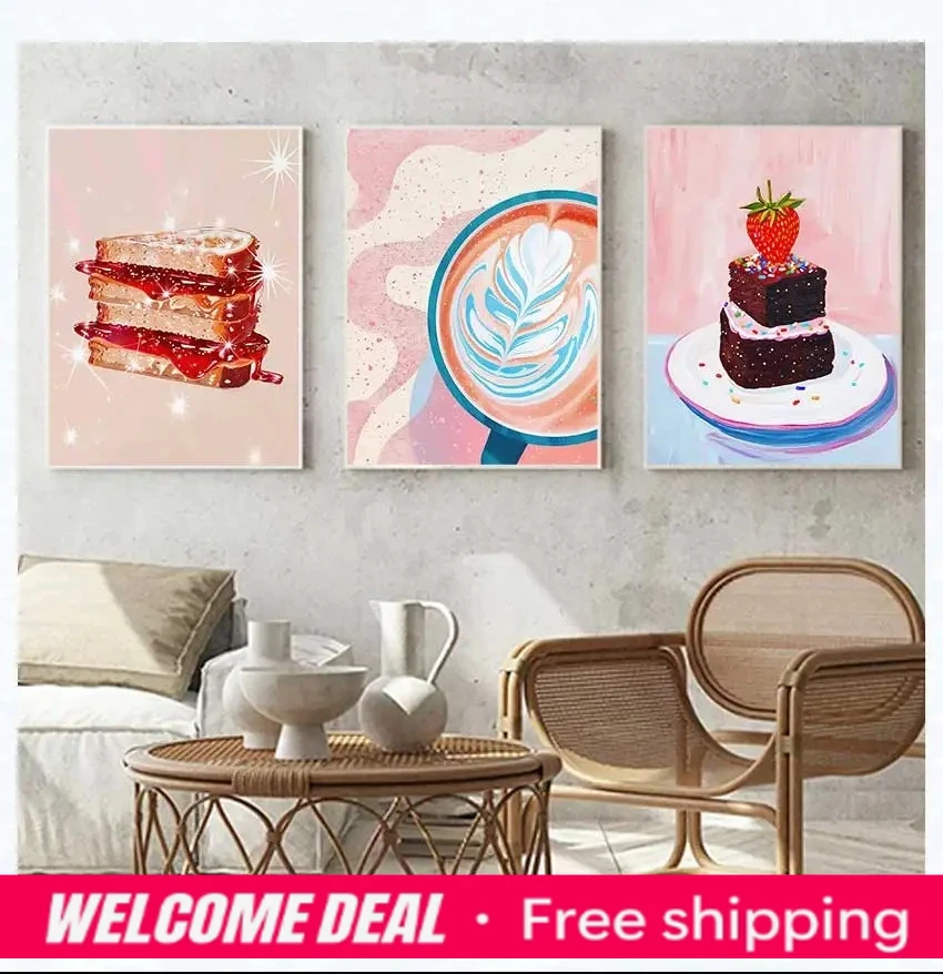 Resin Art Kitchen - 2026 ภาพศิลปะติดผนังแฟชั่นกาแฟโกโก้ร้อนแบบไร้กรอบ โปสเตอร์เพชรสไตล์นอร์ดิก ตกแต่งห้องครัวและห้องรับประทานอาหาร ของหวาน เค้ก