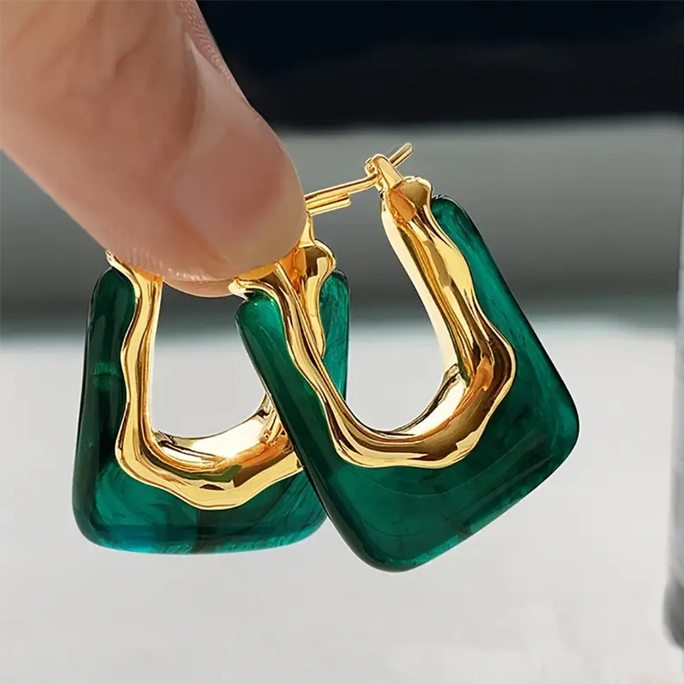 Resin Art Ring - ต่างหูห่วงรูปตัวยูสไตล์วินเทจแบบฝรั่งเศส Yupsk สำหรับผู้หญิง ตกแต่งด้วยเรซิ่น ต่างหูแบบห้อย เหมาะสำหรับงานปาร์ตี้